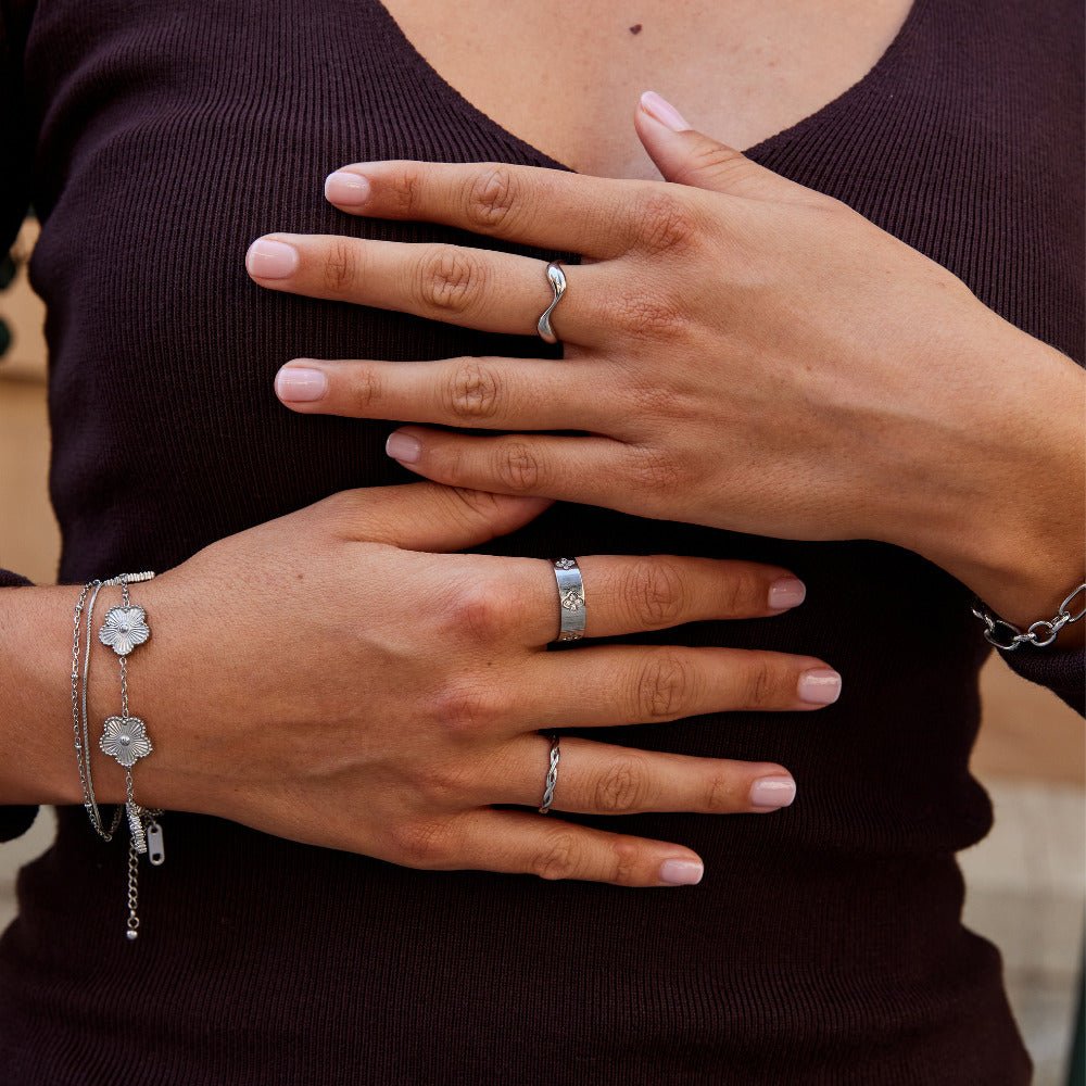 Silver Crystal Clover Band Ring